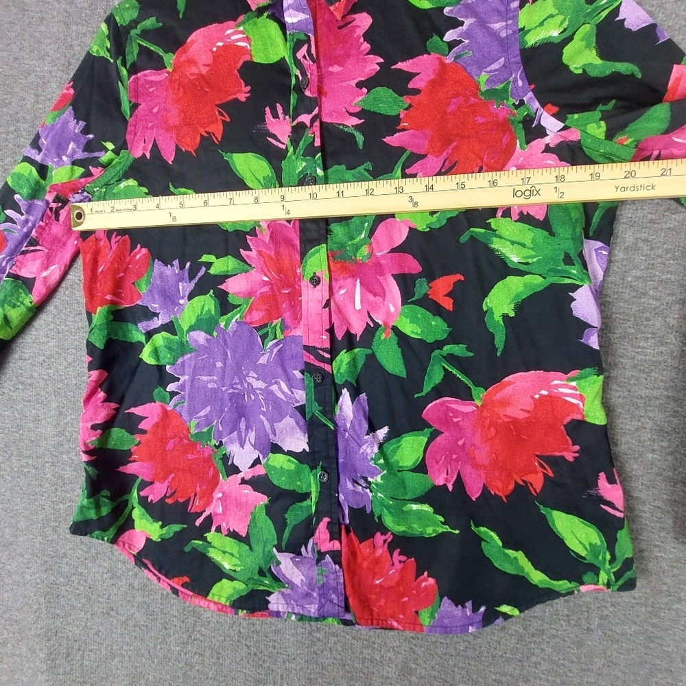 LAUREN RALPH LAUREN WOMENS BLACK MULTICOLORED FLORAL BUTTON FRONT SHIRT SIZE PL - Picture 4 of 6